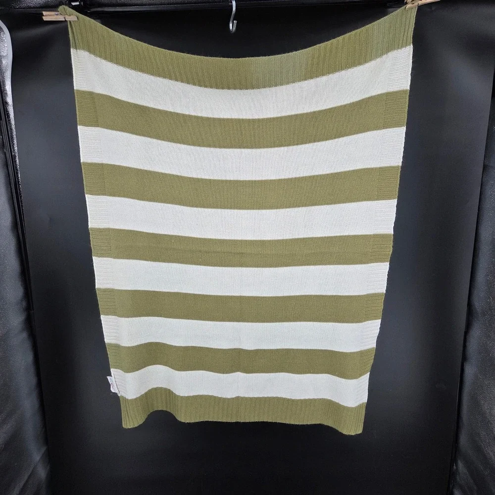 Cocalo Baby Knit Blanket Sage Green Cream Striped Ribbed Trim Soft Nursery